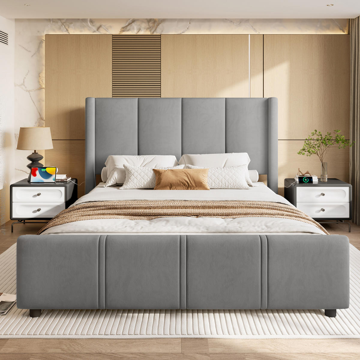 POLSTERBETT 160/200 cm grau mit USB-Anschluss und hohem Kopfteil - Dunkelgrau, Textil (160/200cm) - OKWISH