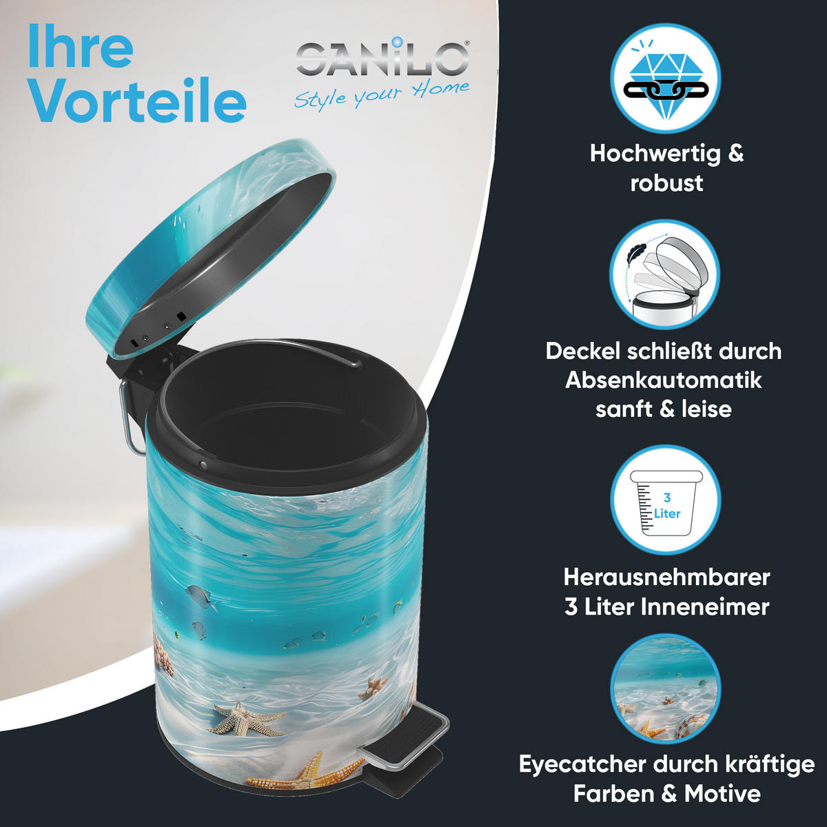 KOSMETIKEIMER Waterworld - Blau/Beige, Kunststoff/Metall (17/25/25cm) - Sanilo