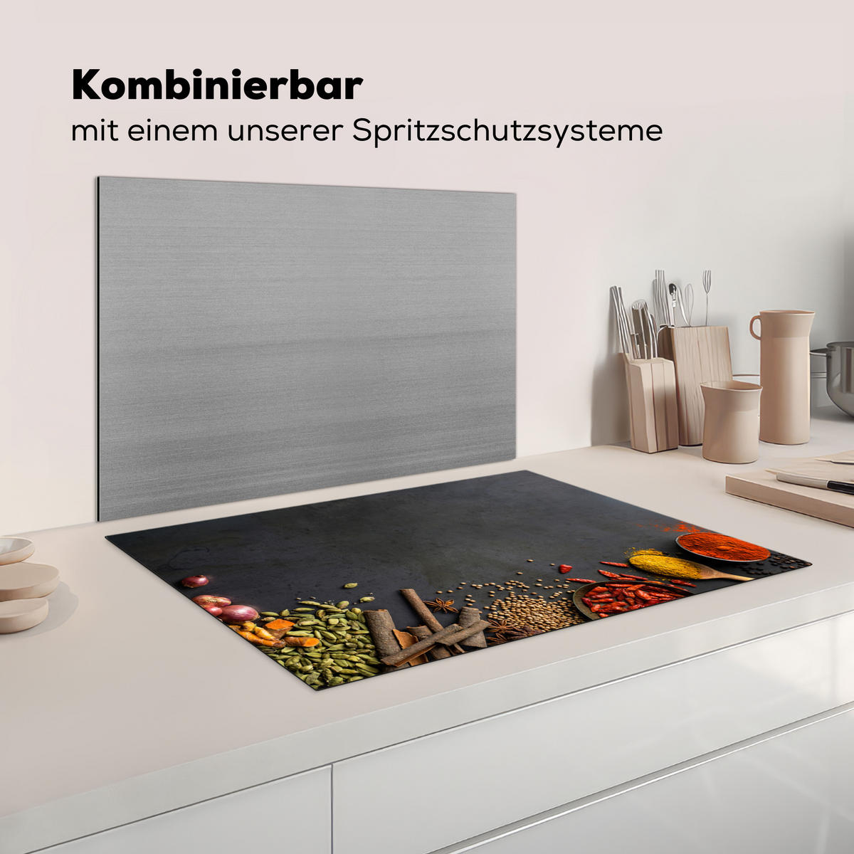 KRYT NA INDUKČNÍ DESKU Bylinky - Potraviny - Koření - Černá - Paprika - Skořice 78x52 cm - kari žlutá, plast (78/52/0.2cm) - MuchoWow