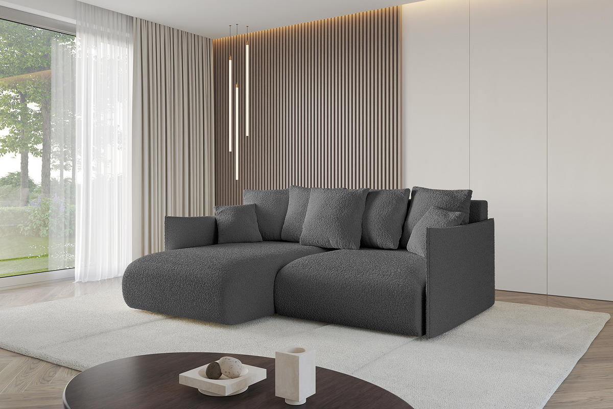 ECKSOFA mit Schlaffunktion und Bettkasten ONESK-L 208x165x40 Grau Bouclé - Grau, Holzwerkstoff/Kunststoff (208/165cm) - ALTDECOR