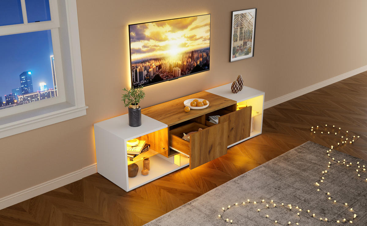 TV-SCHRANK in Weiß/Eicheoptik mit LED und 2 Schubladen 160/40/42 cm - Weiß, Holzwerkstoff (160/42/40cm) - Redom