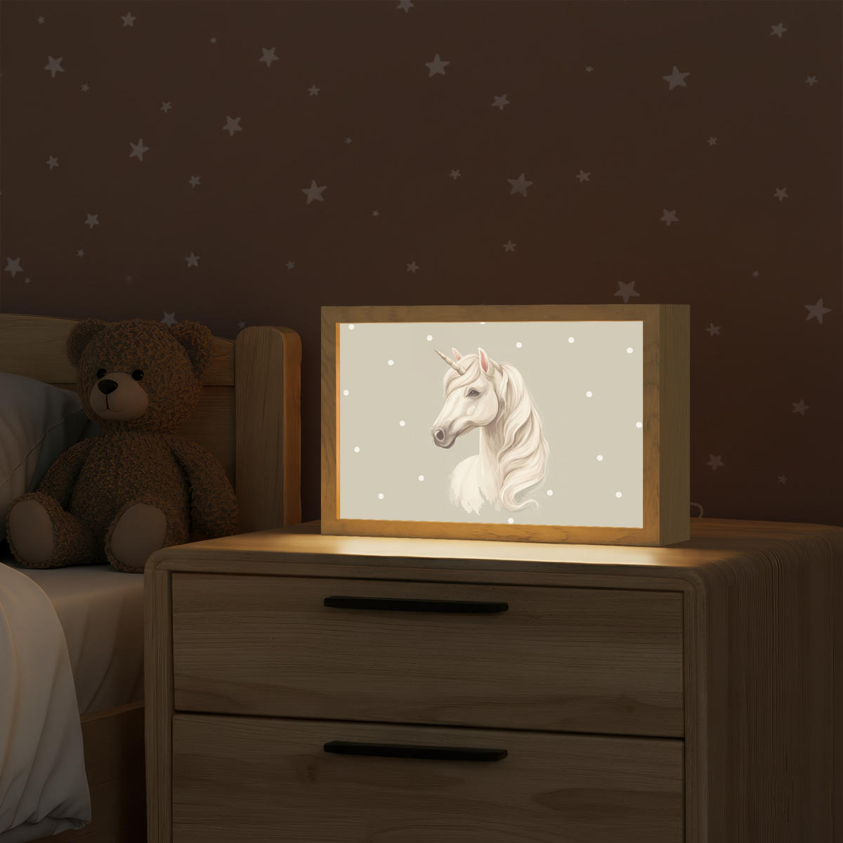 NÁSTĚNNÁ LAMPA Jednorožec - bílý - tečky 30x20 cm - šedohnědá, kompozitní dřevo (30/20/8cm) - OnlyWow
