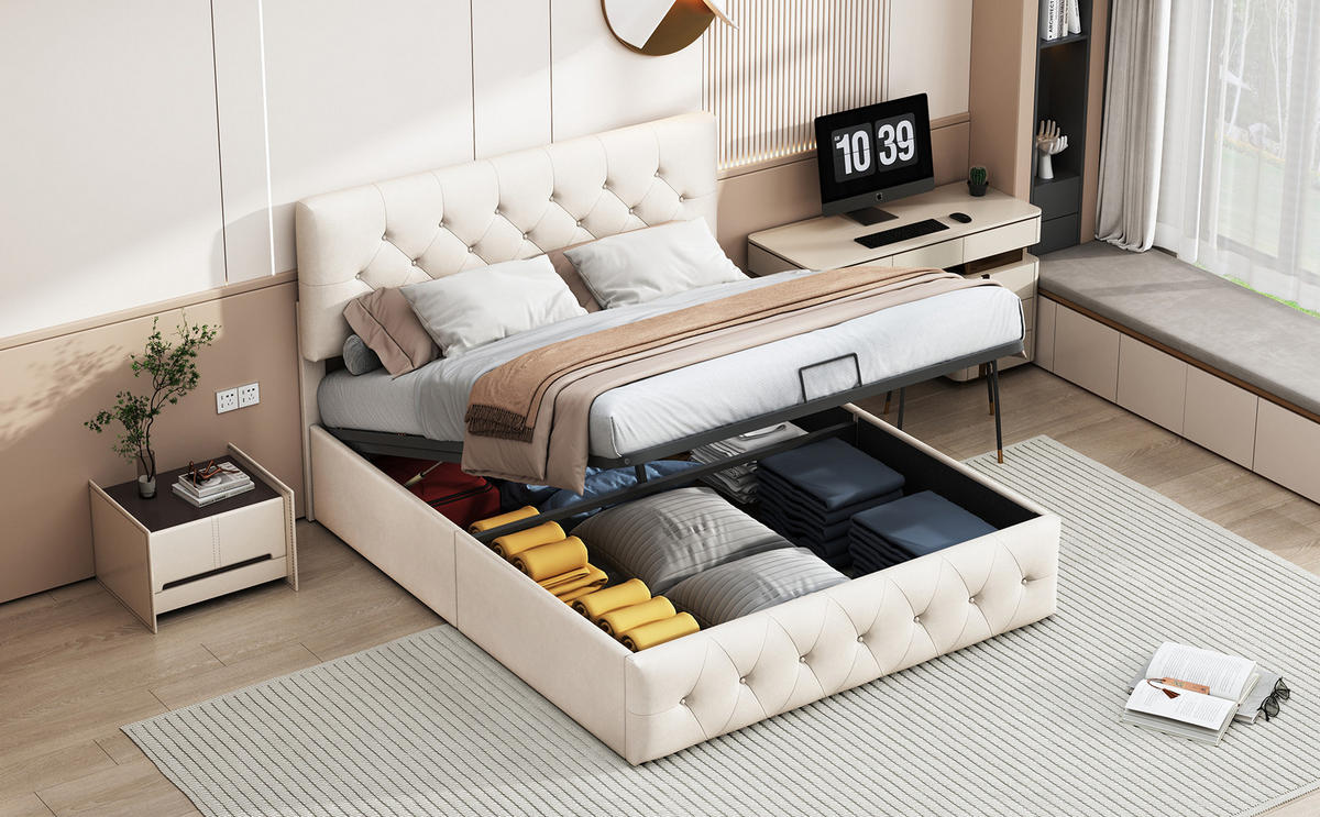POLSTERBETT 140x200 Aprikose Samt Gasdruckfeder - Beige, Metall (140/200cm) - SHOPENTRA