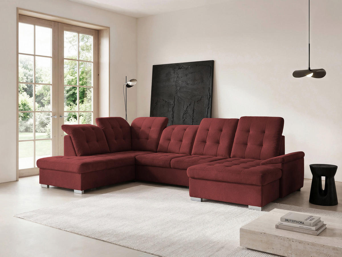 WOHNLANDSCHAFT ANON Ottomane Links, mit Schlaffunktion und Bettkasten, Bordeaux - Rot, Kunststoff/Textil (322/87/220cm) - Idohome