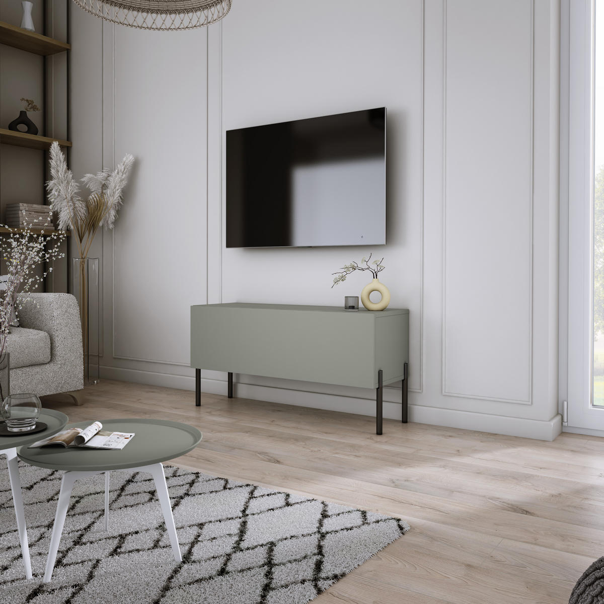 TV-SCHRANK : Aloe, 100 x 52 x 32 cm, schwarze Beine - Schwarz/Grün, Holzwerkstoff/Metall (100/52/32cm) - 3XE LIVING