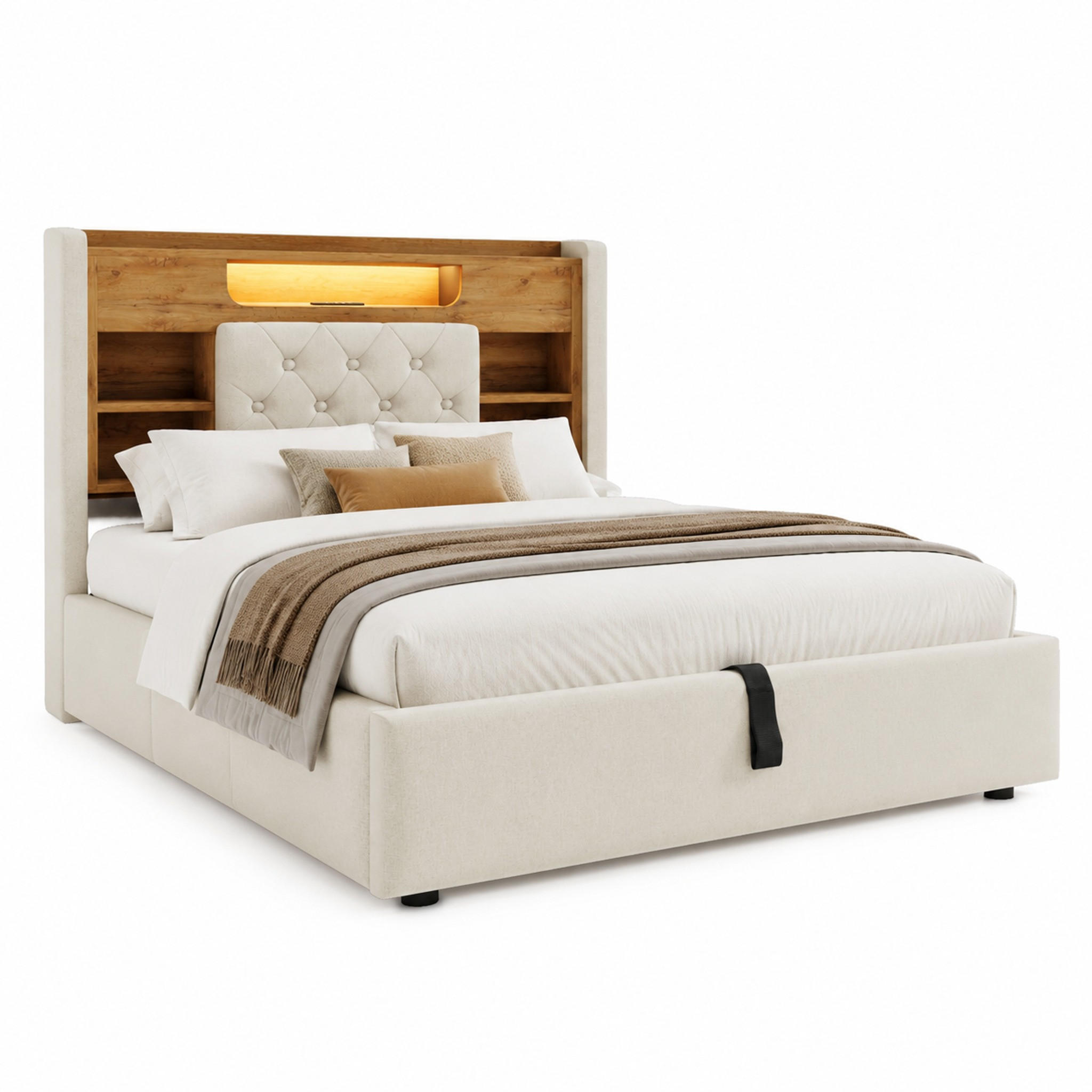 BETT mit Bettkasten 90x200 cm Leinen Beige - Beige, Metall (90/200cm) - Meubliv