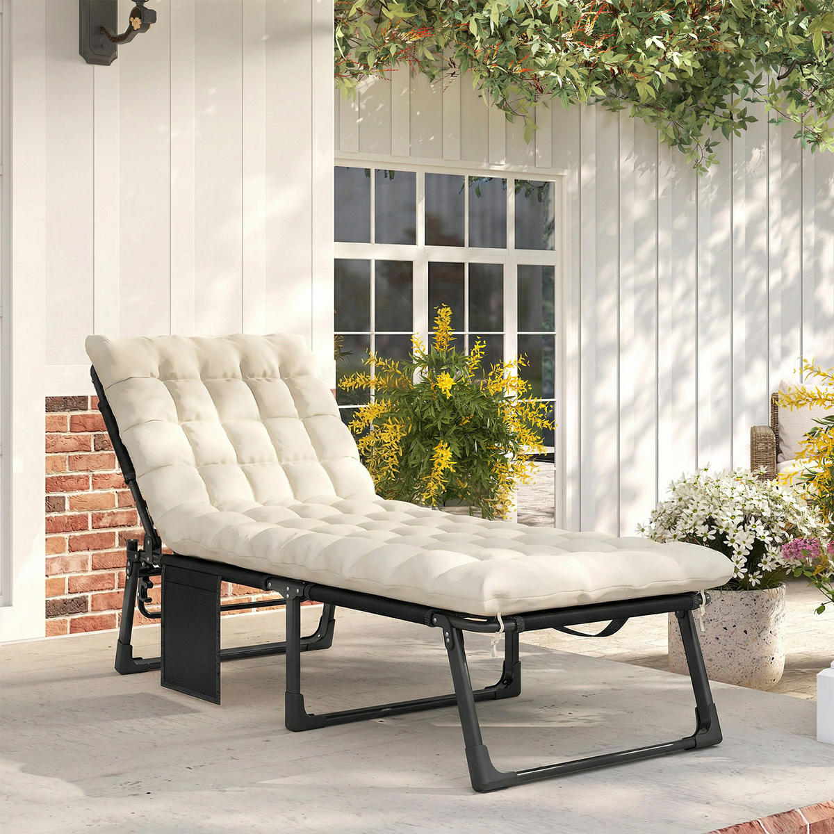 SONNENLIEGE Stahl Netzstoff Cremeweiß - Creme/Schwarz, Textil/Metall (68/34/190cm) - Outsunny