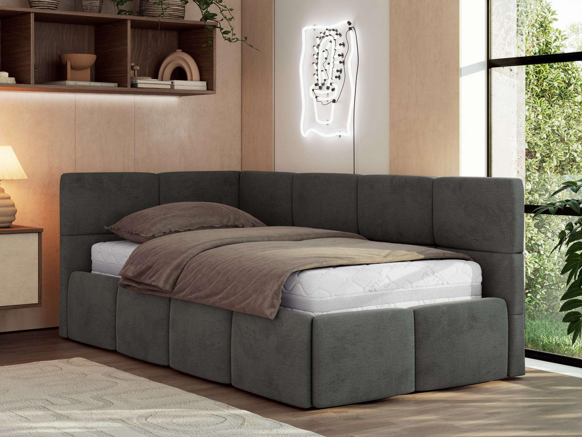 JUGENDBETT ARVO 90/200 - Dunkelgrau Velvet - Pocket-Matratze - Links Seite - Dunkelgrau, Textil (90/200cm) - MKS