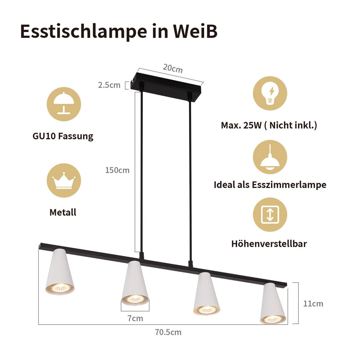 PENDELLEUCHTE Luke 70/7/160 cm - Weiß, Metall (70/7/160cm) - ZMH
