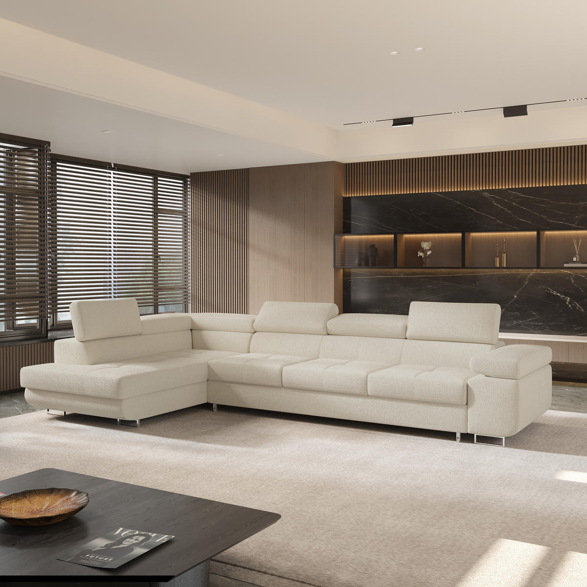 ECKSOFA VICENTE Creme Boucle-Stoff mit Schlaffunktion - Creme, Holz (346/202cm) - MASSENO