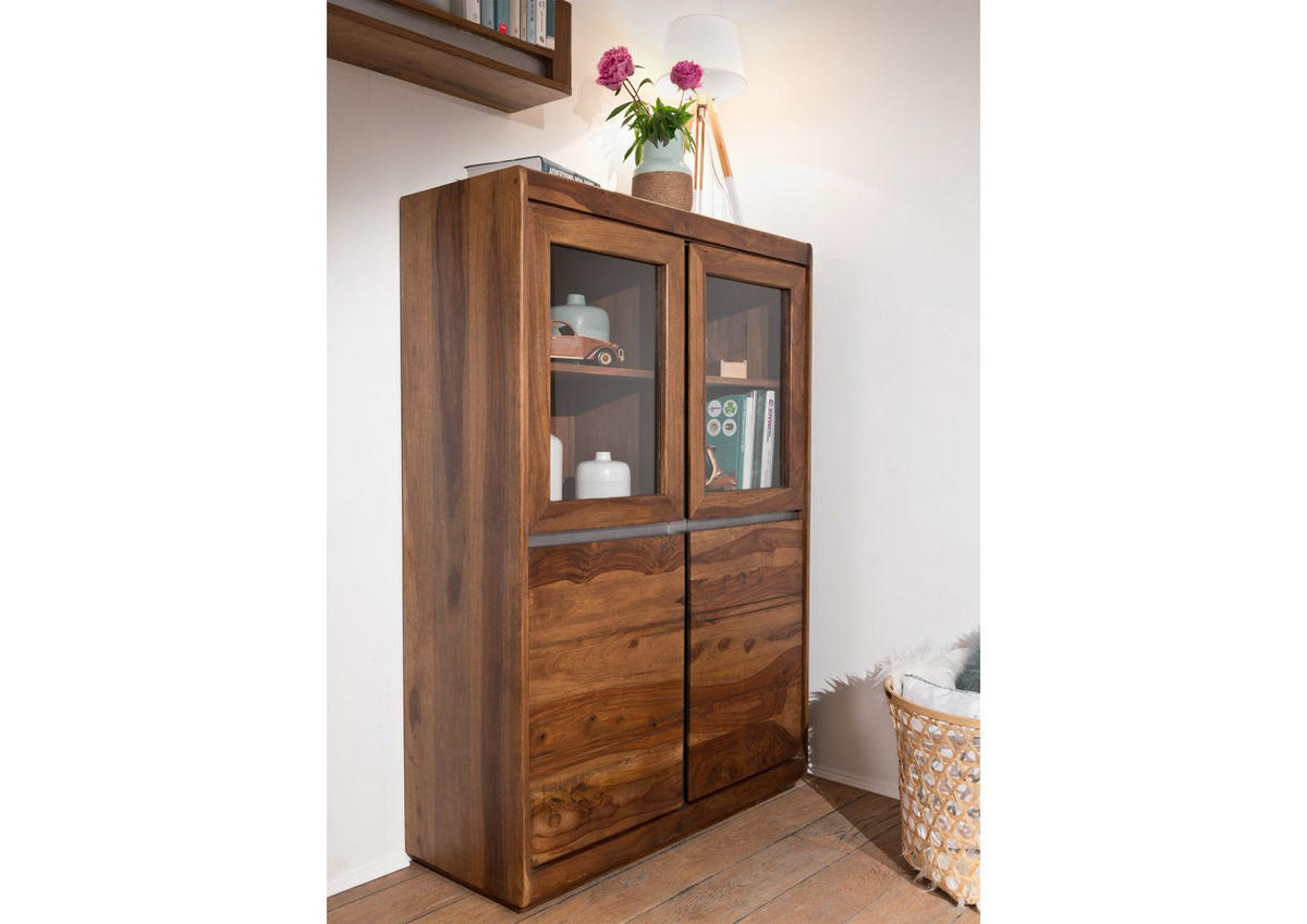 VITRINE Sheesham 102x40x147 noble unique lackiert SYDNEY #100 - Braun, Holz (102/147/40cm) - Massivmoebel24