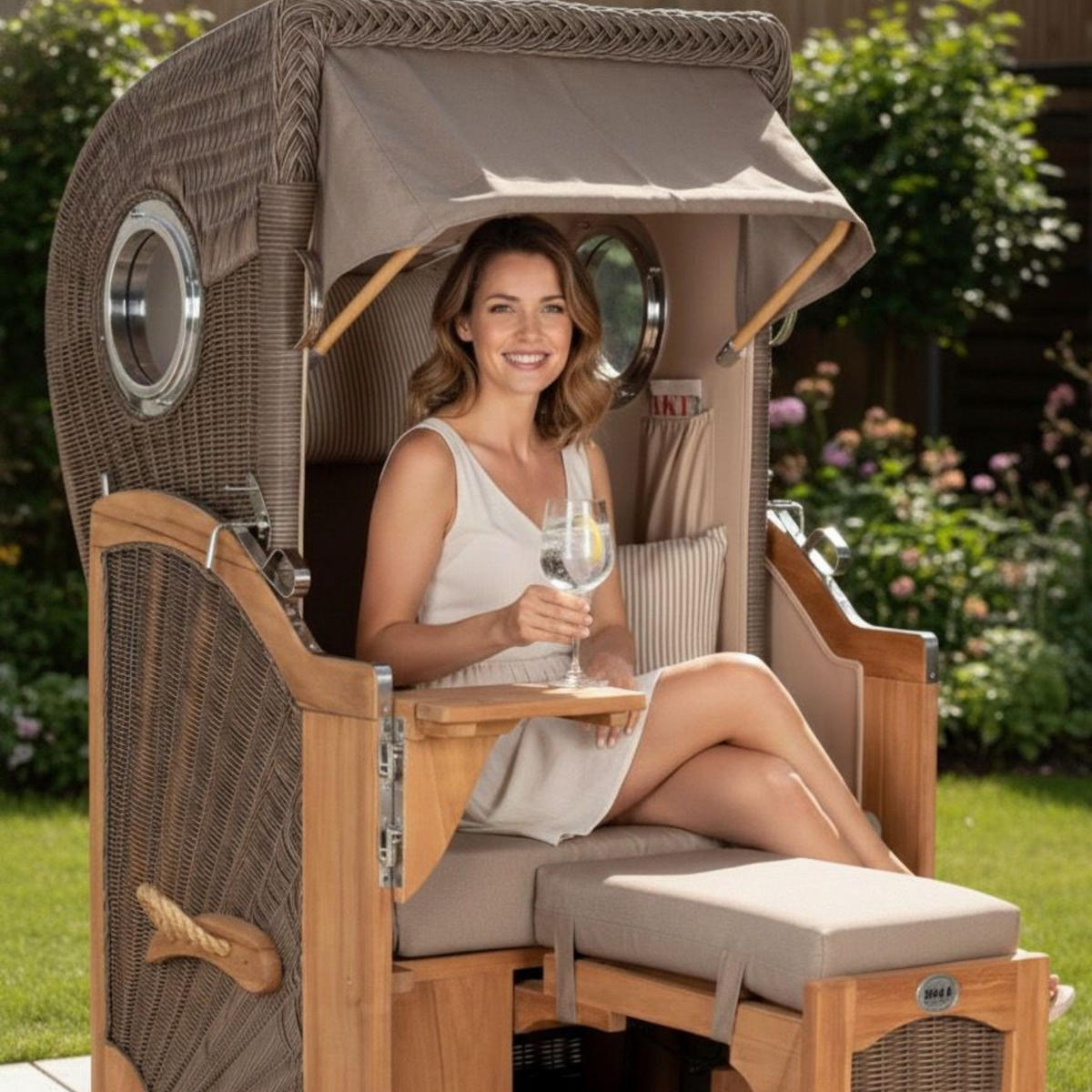 STRANDKORB Düne Single Teak 1-Sitzer - Taupe/Braun, Holz/Textil (96/165/80cm) - Mr. Deko