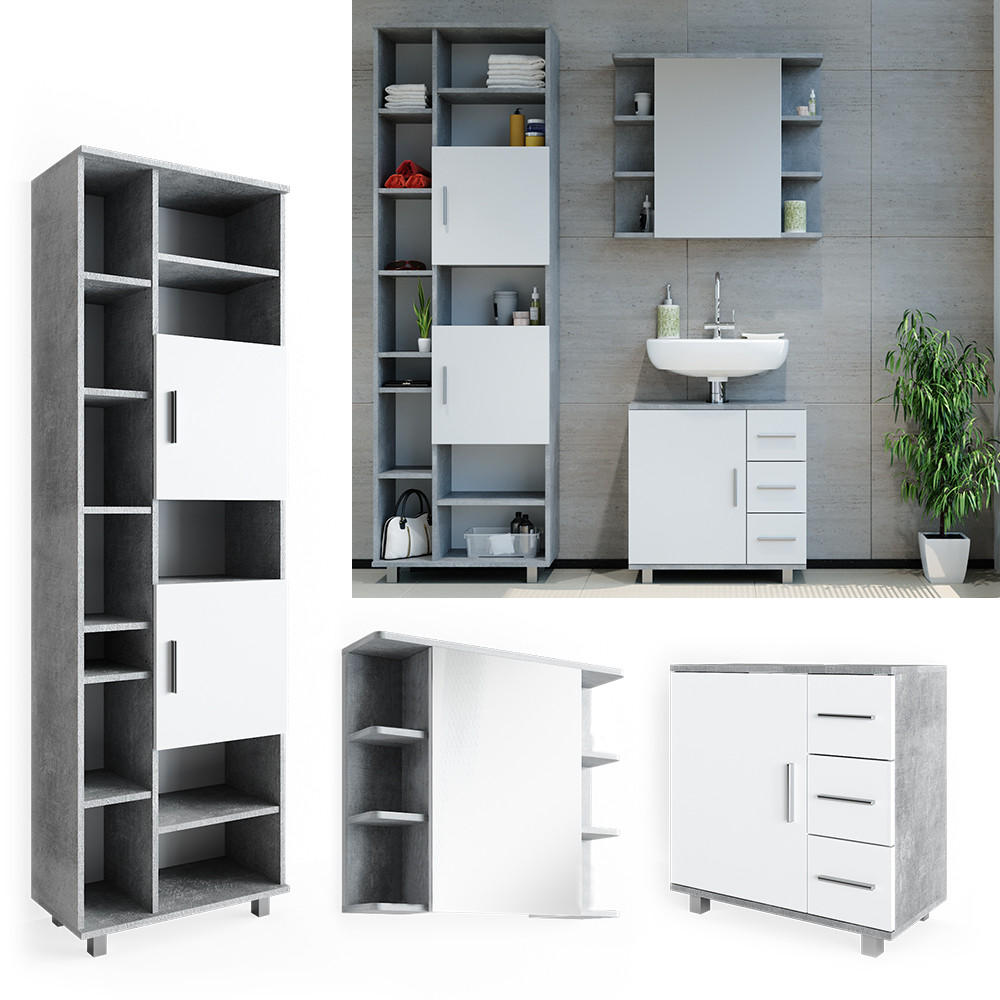 BADMÖBEL-SET Ilias Beton 3 Teile, mit Hochschrank - Weiß/Grau, Holzwerkstoff (60/60.8/33cm) - Vicco