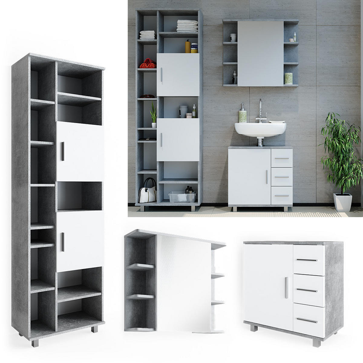 BADMÖBEL-SET Ilias Beton 3 Teile, mit Hochschrank - Weiß/Grau, Holzwerkstoff (60/60.8/33cm) - Vicco