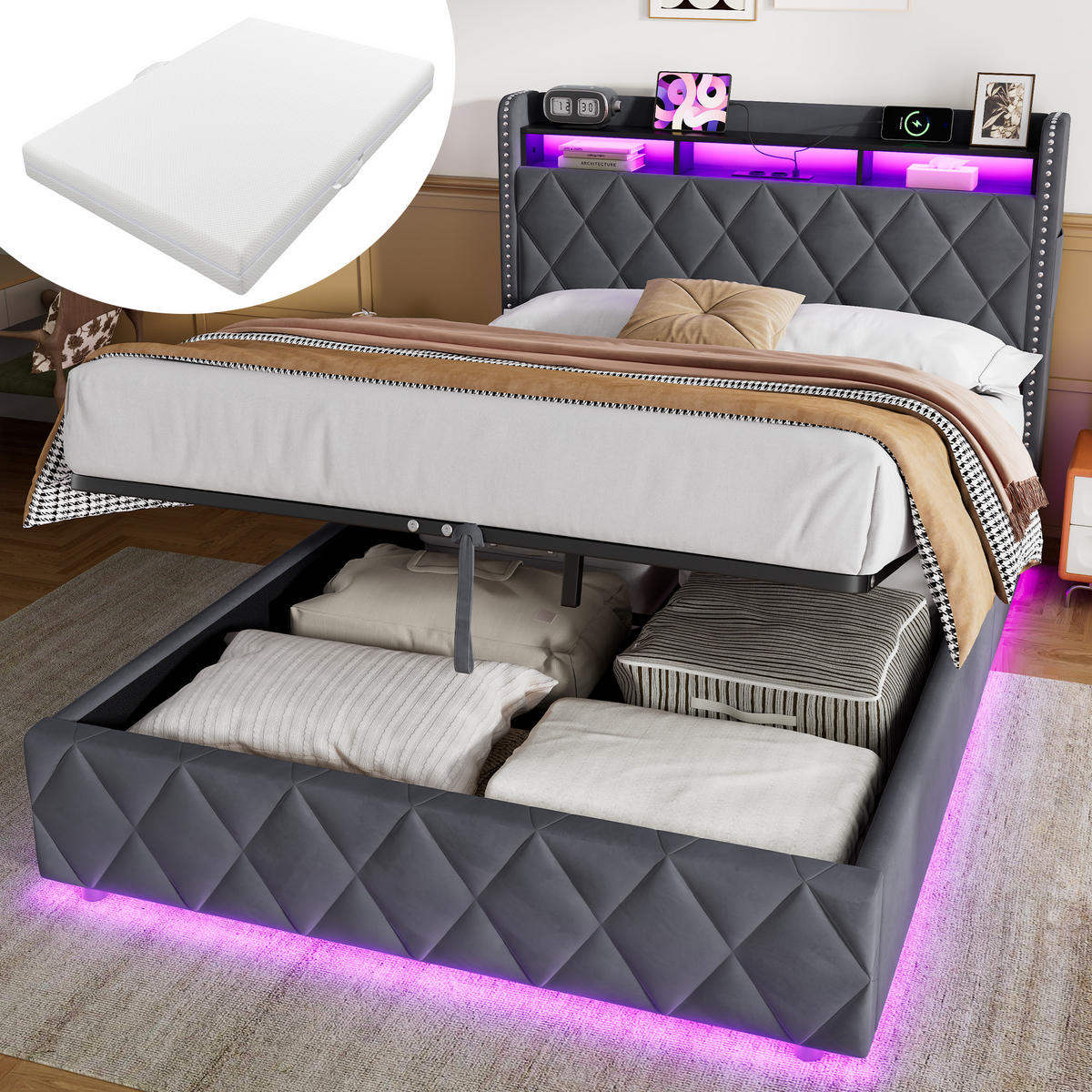 POLSTERBETT 140×200 mit LED-Beleuchtung, Bettkasten und Matratze - Grau, Holzwerkstoff/Textil (140/200cm) - EVRYAE