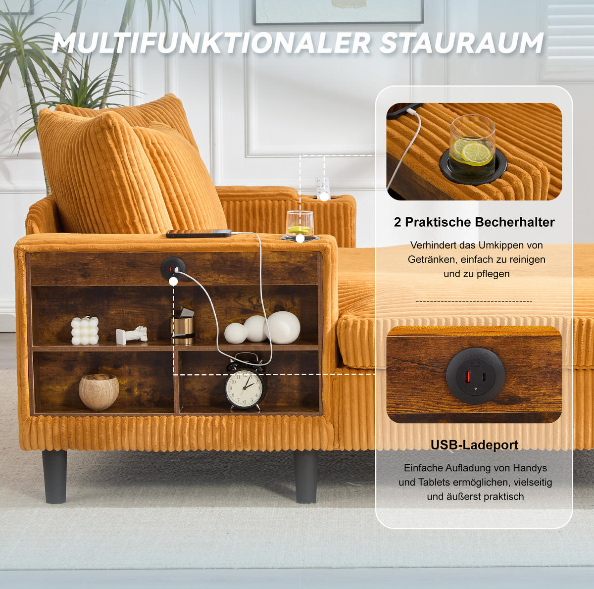 CHAISELONGUE 129/170/70 cm aus Cord mit LED-Beleuchtung, USB-Anschluss, Stauraum und Becherhaltern, Senfgelb - Gelb, Textil (170/70/129cm) - Redom