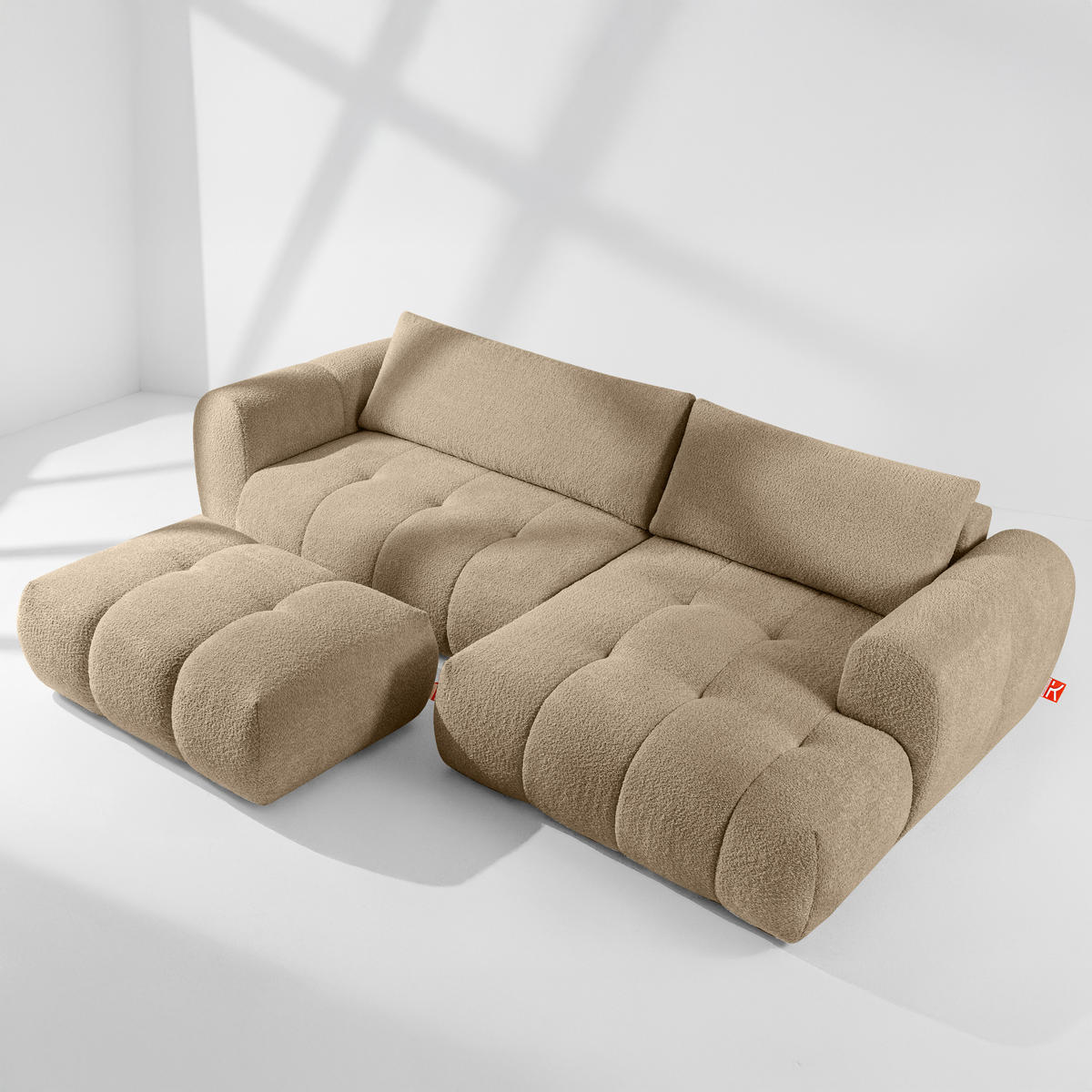 ECKSOFA MIT HOCKER LIRA, Beige, Bouclé - Beige, Holz/Holzwerkstoff (96/50cm) - KONSIMO®