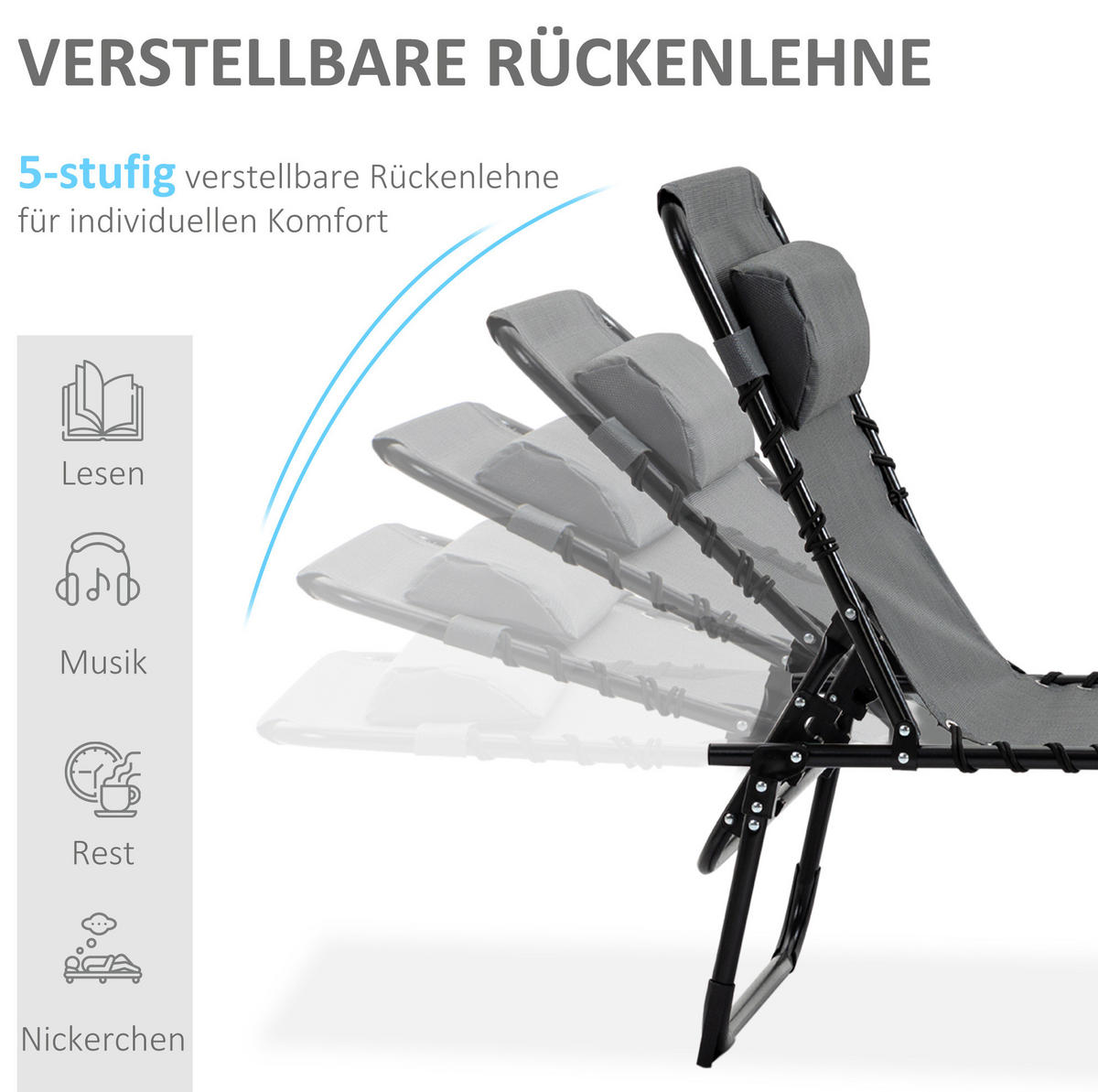 SONNENLIEGE aus Polyester 185x58x30 cm in Grau mit 5-fach verstellbarer Rückenlehne - Grau, Textil (58/30/185cm) - Modfu