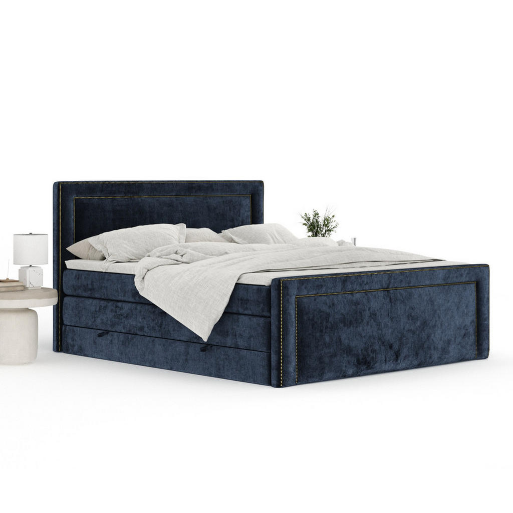 Thumbnail - Maison de Reve Boxspringbett, Dunkelblau, Textil, Buche, Kiefer, H3 + H4, 7-Zonen, Höhe ca. 40 cm, 180x200 cm, Handmade ...