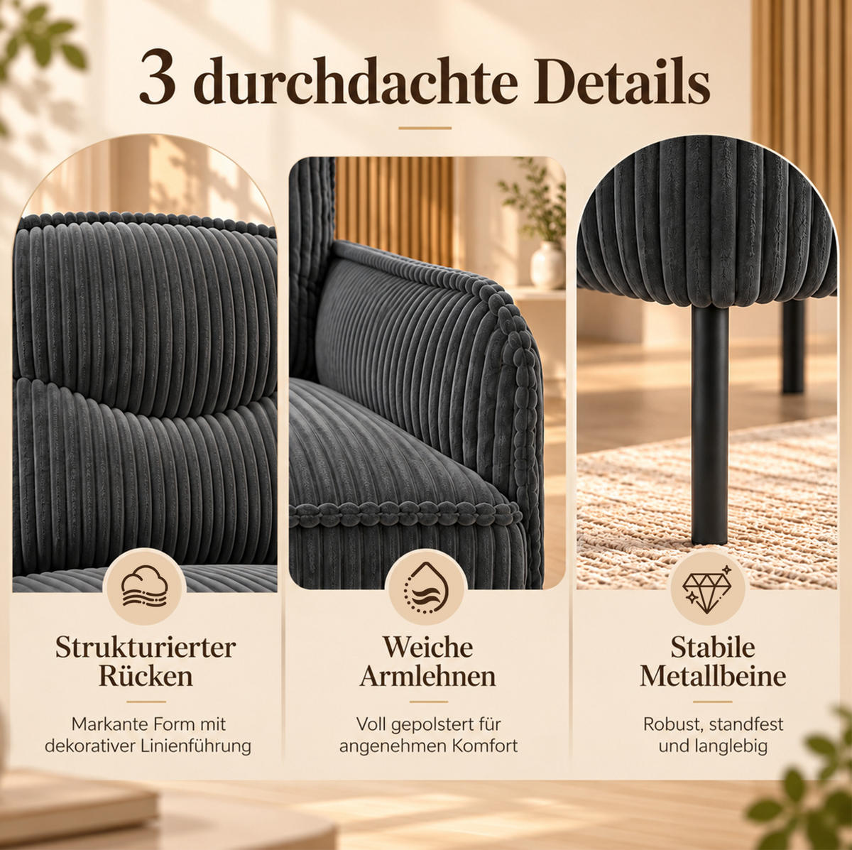 2-SITZER Sofa 122/73/83 cm Cordstoff mit Seitentaschen und Metallbeinen Grau - Schwarz/Grau, Textil/Metall (73/83/122cm) - Redom