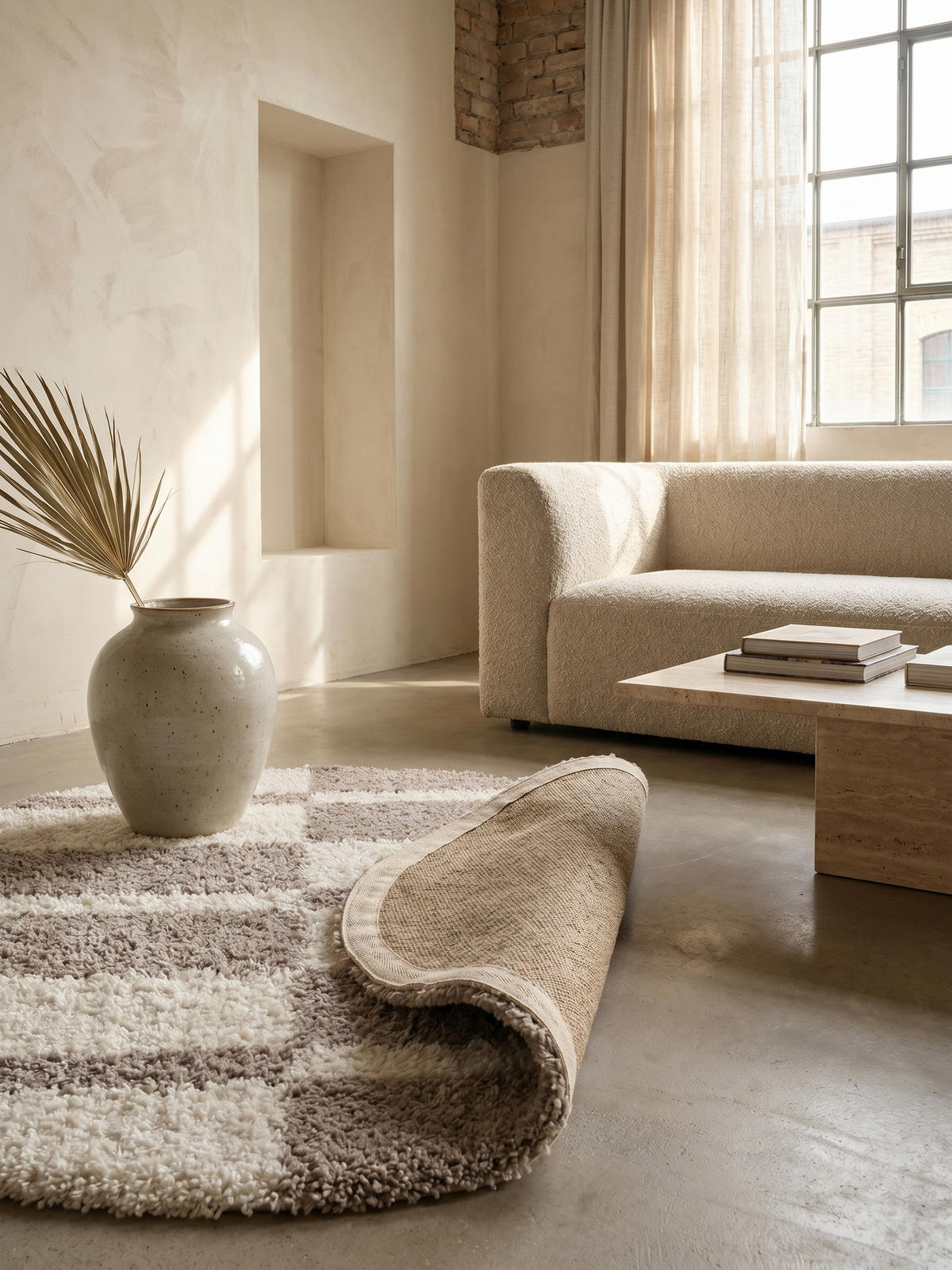 TEPPICH Waschbar Shaggy Kariert Kuschelig Schlafzimmer Rund Beige 120x120 cm – WATZMANN - Beige, Textil (120/120cm) - KADIMA DESIGN