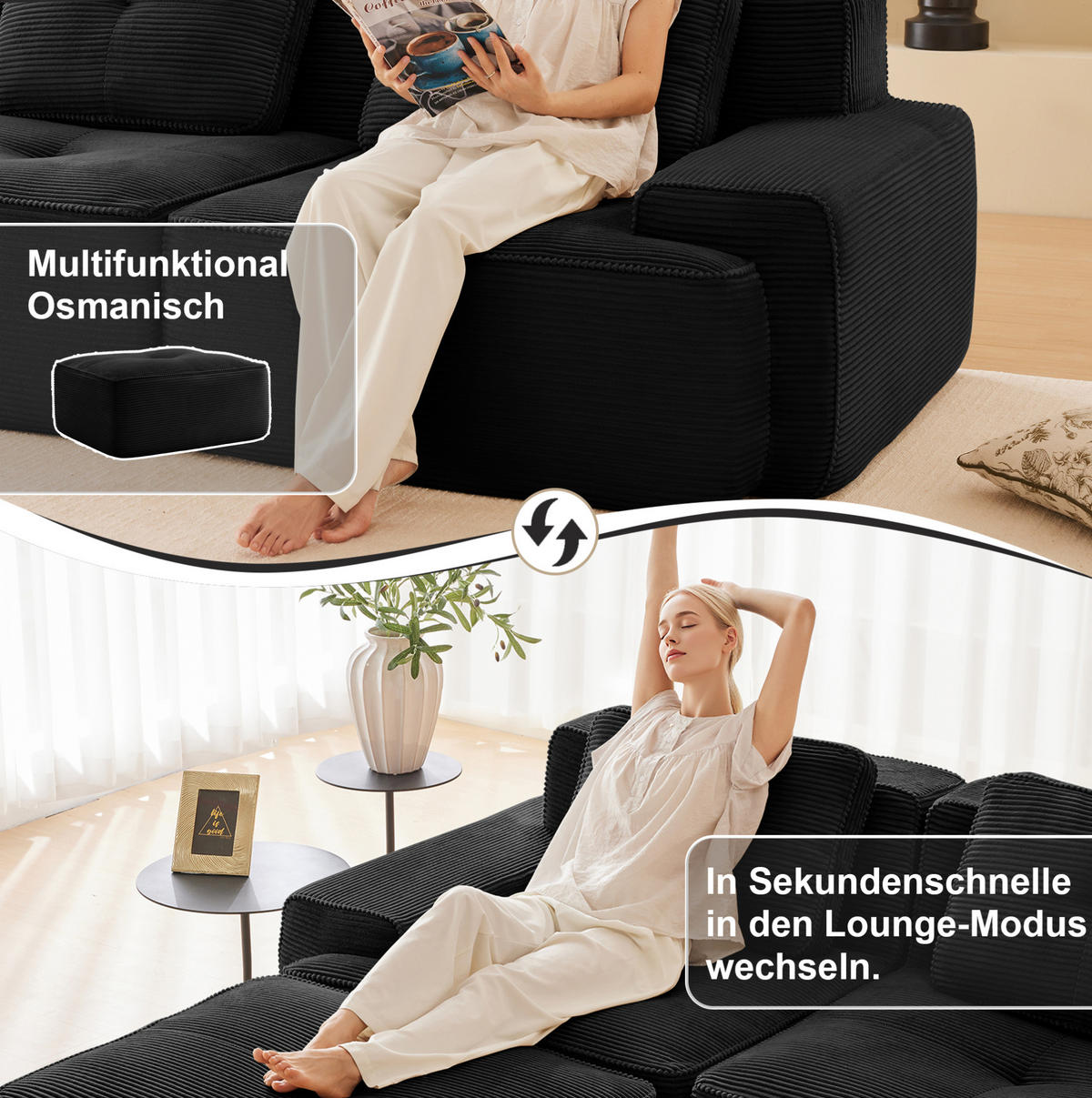 ECKSOFA boneless mit Tiefsitz, geschwungener Rückenlehne und flexiblem Aufbau, Schwarz - Schwarz, Textil (204/177cm) - Redom