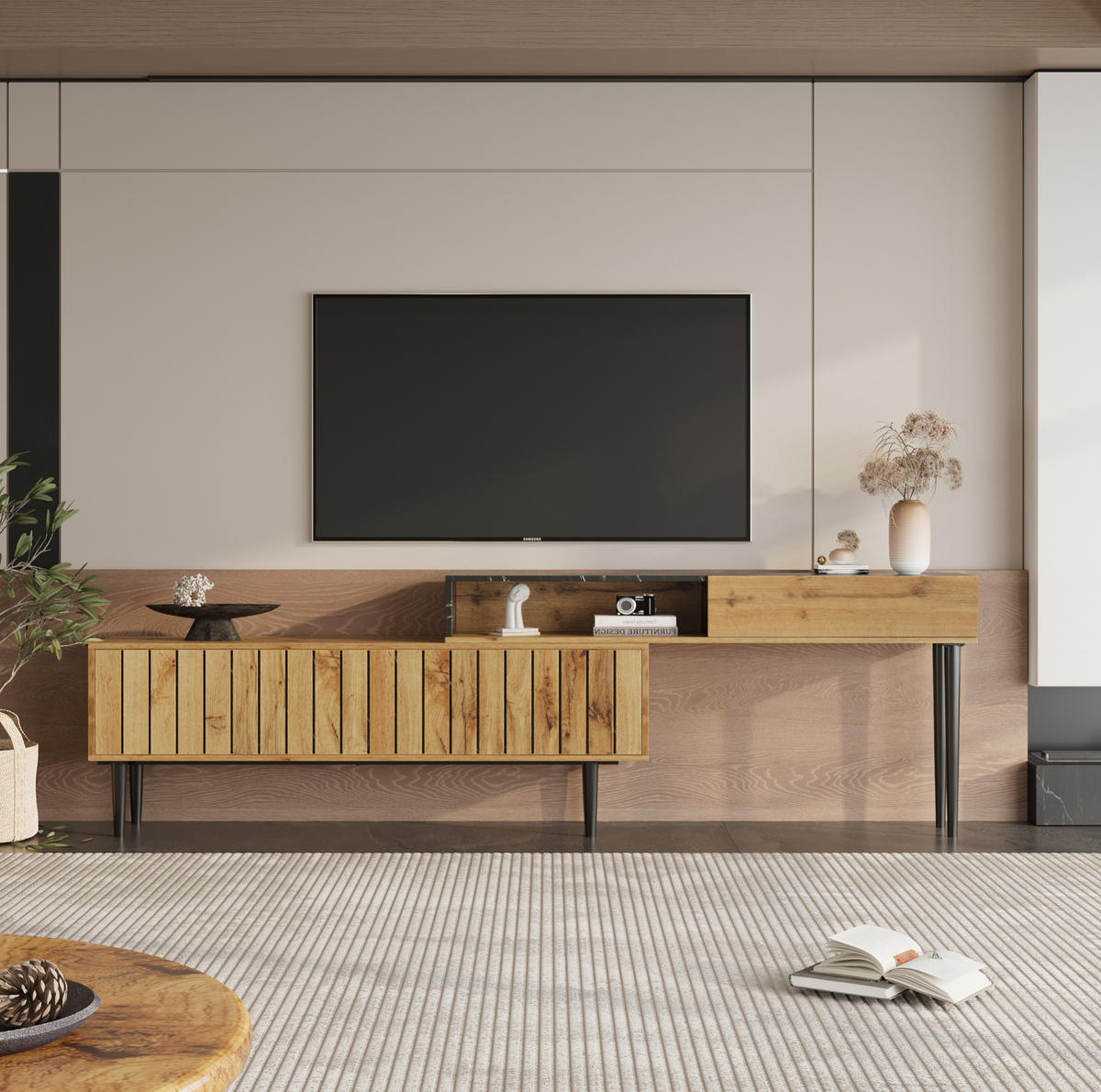 TV-LOWBOARD mit offenen Fächern und Eisenbeinen – MDF in Naturholzoptik - Naturfarben, Holzwerkstoff (240/58/22cm) - BEAOK