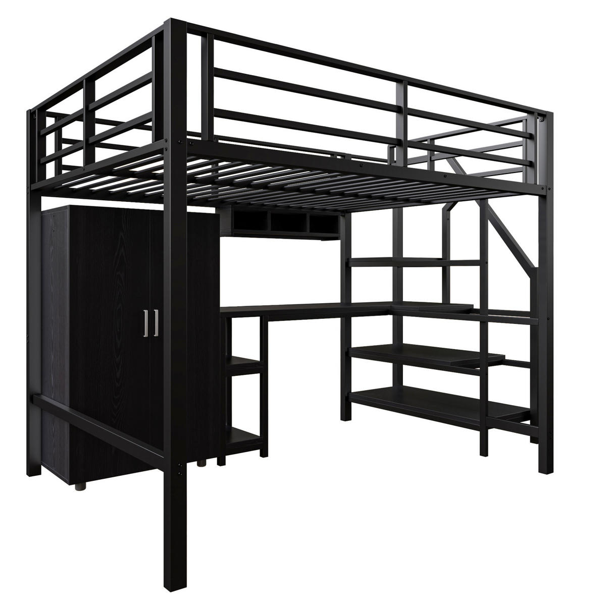 HOCHBETT 140/200 cm schwarz mit Kleiderschrank und integriertem Schreibtisch - Schwarz, Metall (140/200cm) - OKWISH