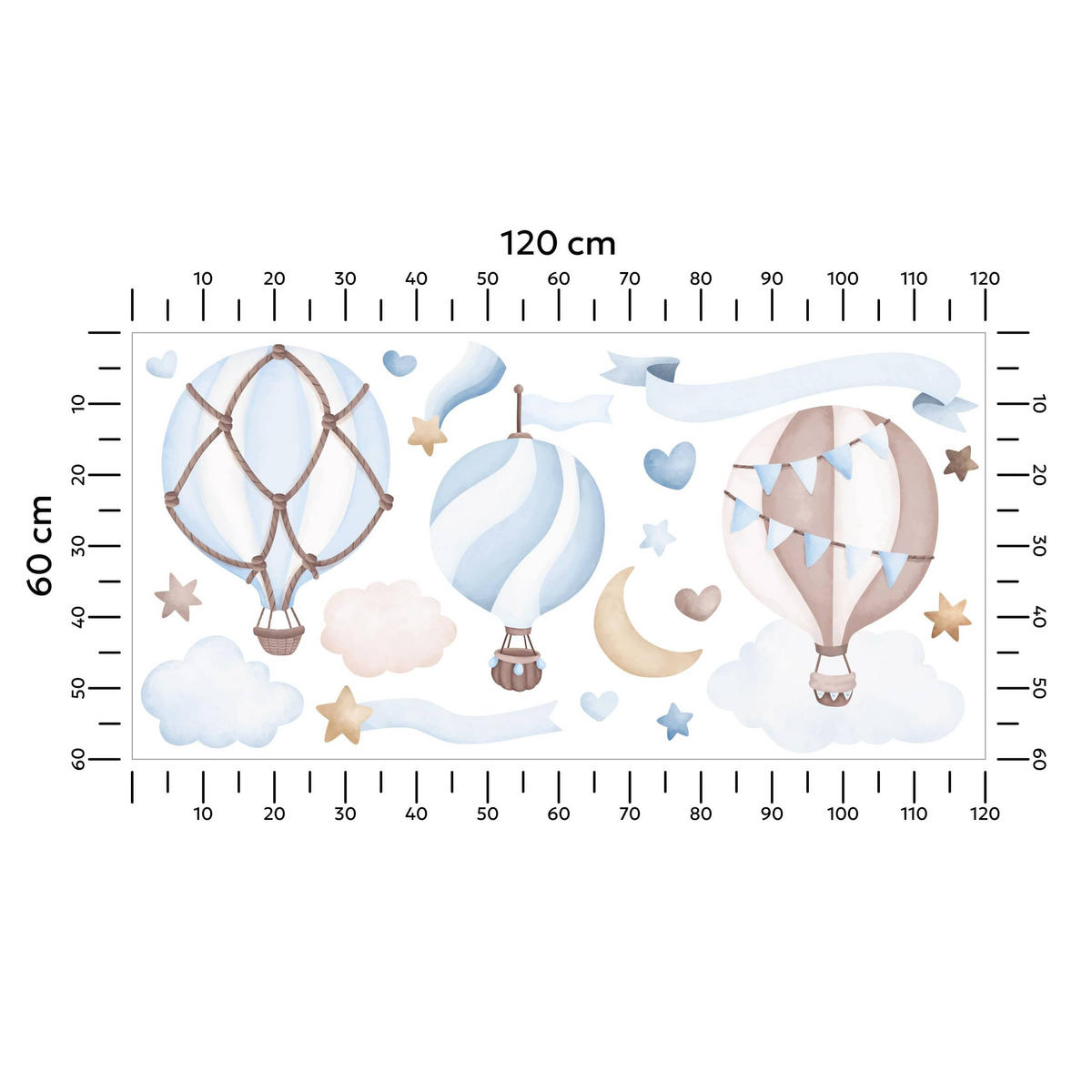 STICKER SET für Kinder blaue Luftballons Wolken Sterne Boho 120x60 - Beige/Braun, Papier (120/60/1cm) - Muralo