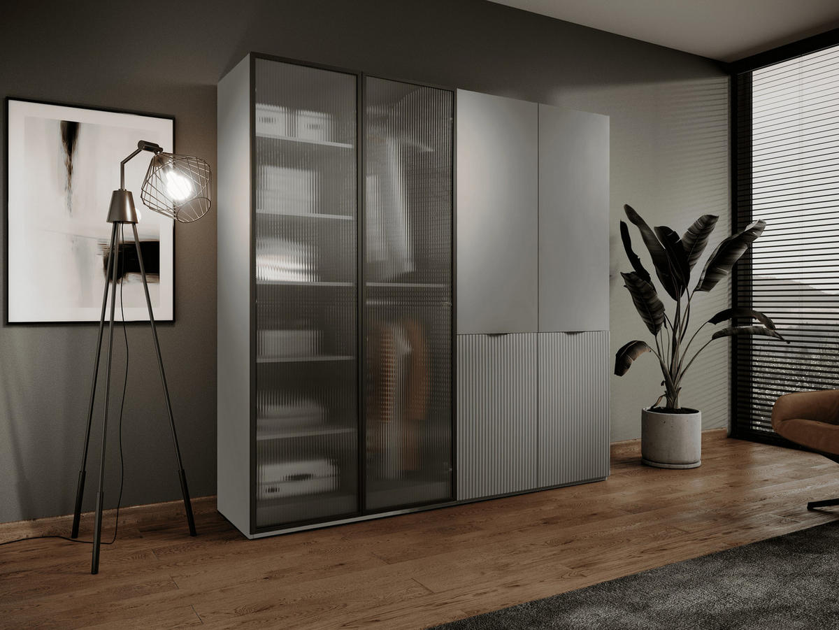 KLEIDERSCHRANK ZEN (Modular, Grau Matt, Grau & Geriffeltes Glas Flutes, 4-türig) - Schwarz/Grau, Holz/Holzwerkstoff (202/200/51cm) - Ravio