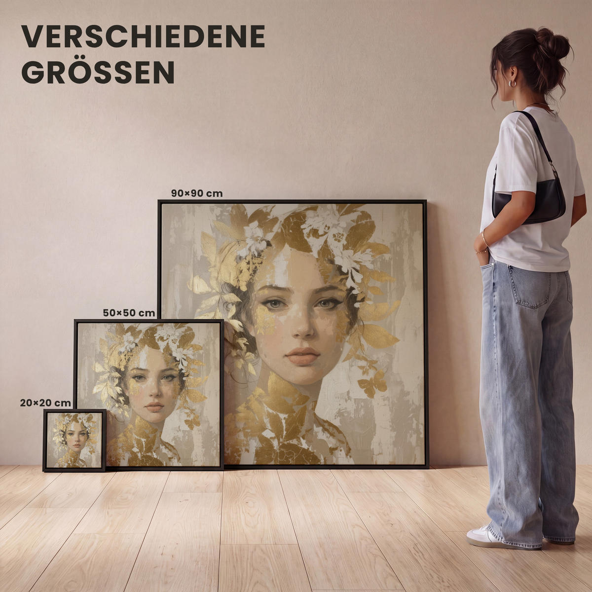 LEINWAND Bilder mit Rahmen - Gesicht - Frau - Blätter - Gold - 20x20 - Beige, Textil (20/20cm) - MuchoWow