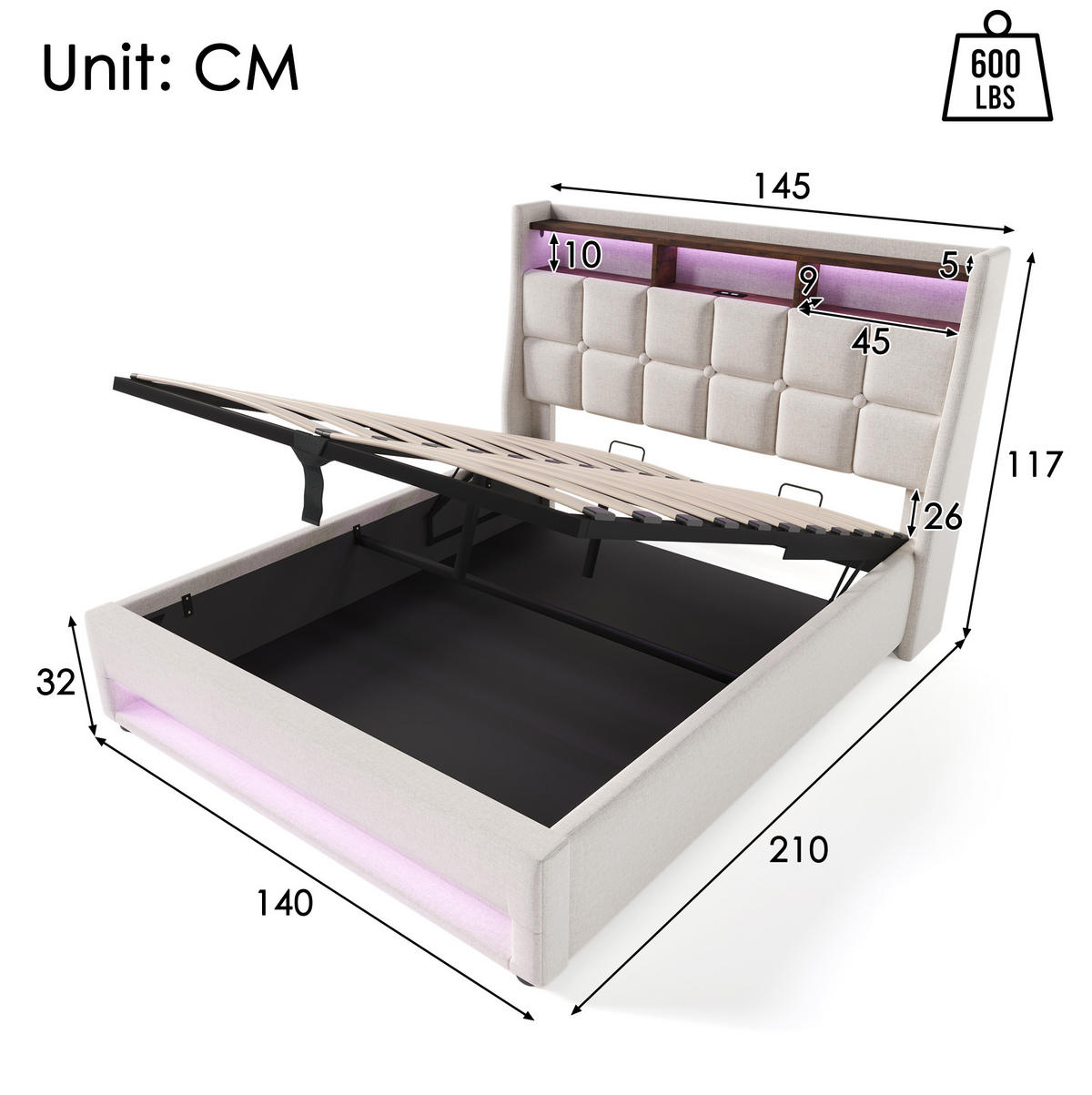 POLSTERBETT mit LED-Beleuchtung 140/200 cm mit Bettkasten, USB und Matratze - Beige, Textil (140/200cm) - BEAOK