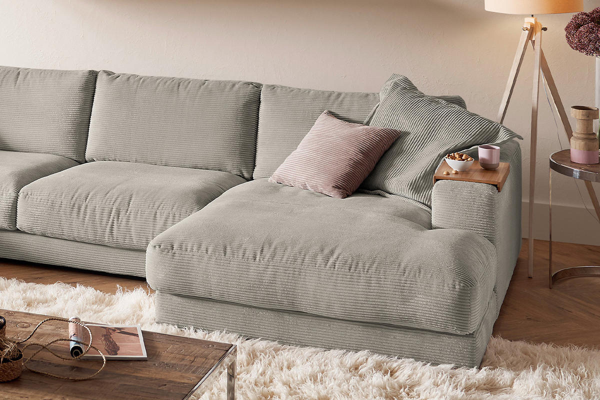 WOHNLANDSCHAFT MADELINE Granit Cord - Greige/Schwarz, Kunststoff/Textil (425/86/224cm) - KAWOLA