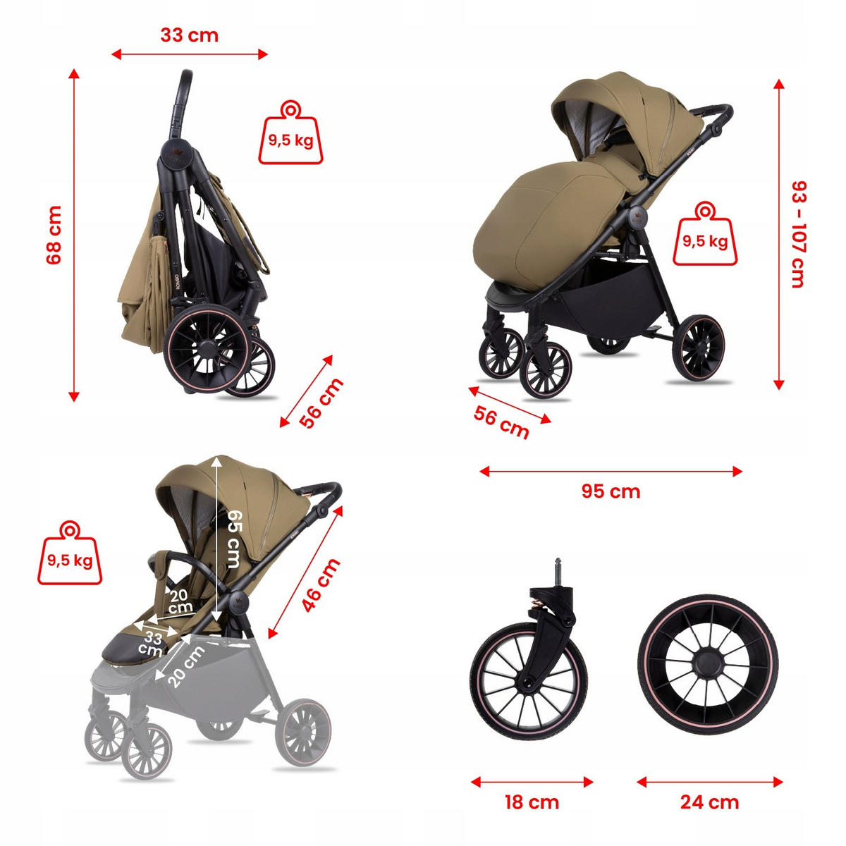 BUGGY Rombo, Klein und Leicht, Teleskopische Führung, Kompakt Faltbar, Wickeltasche, Reisetasche - Schwarz/Olivgrün, Textil/Metall (58/98cm) - BabyLux