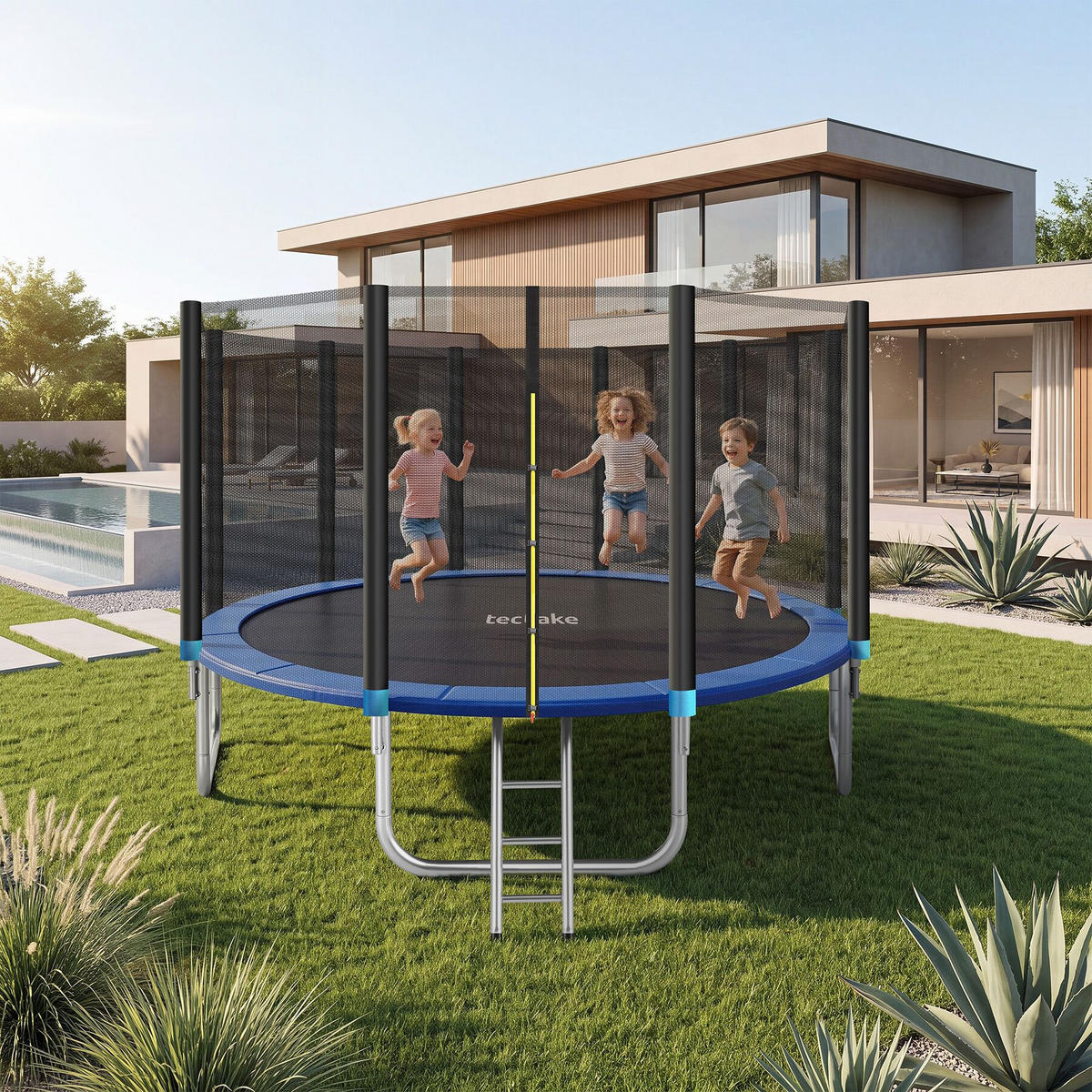 TRAMPOLIN Garfunky, inklusive Einstiegsleiter, schwarz/blau - Blau/Schwarz, Metall (457/269/457cm) - tectake