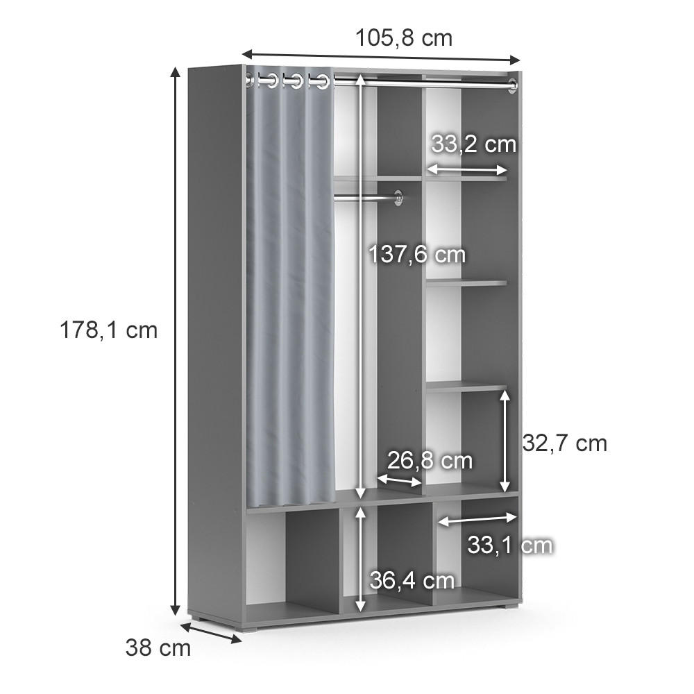 Thumbnail - Vicco Kinderkleiderschrank, Grau, Hellgrau, Holzwerkstoff, 9 Fächer, Rechteckig, 105.8x178.1x38 cm, Kinder- & Jugendzimm...