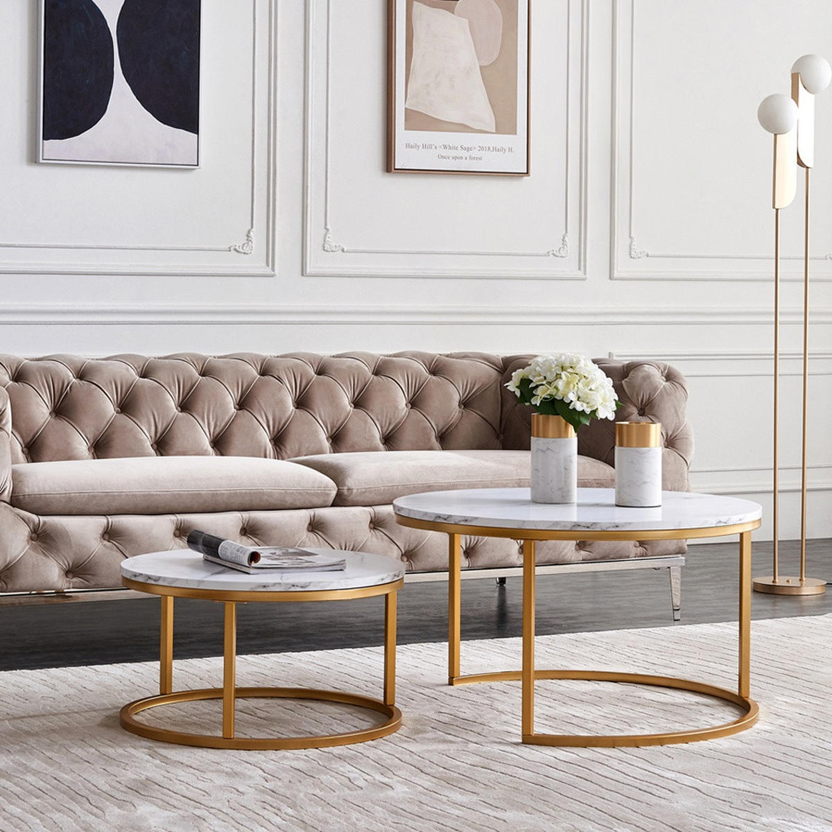 COUCHTISCH 2er-Set - Runder Beistelltisch in Marmoroptik Weiß mit Metallgestell - Gold - Goldfarben, Holzwerkstoff (80/80/45cm) - DELFA
