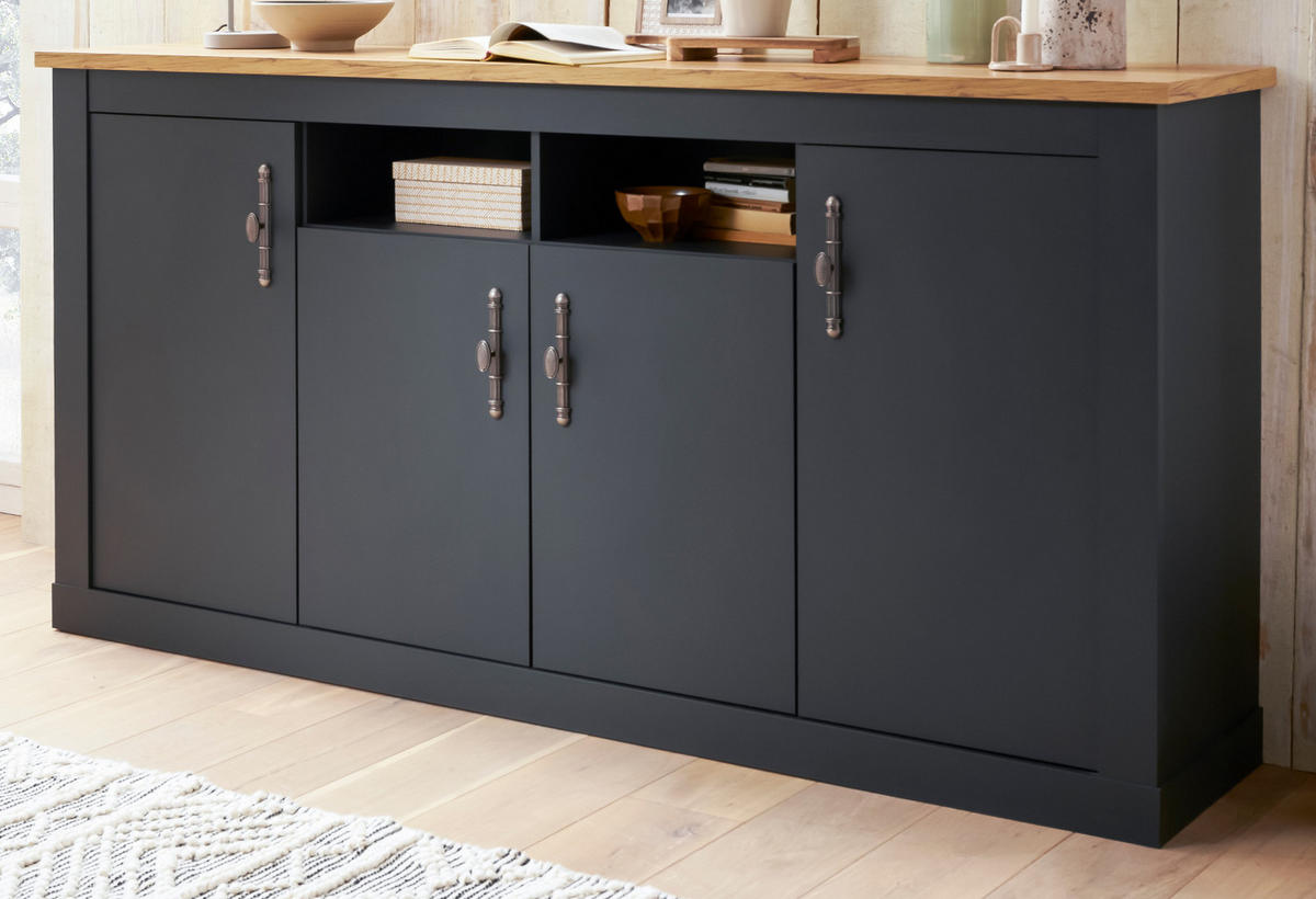 SIDEBOARD grau, Eiche Wotan, Landhaus 200 cm, Kommode mit Soft-Close - Silberfarben/Eiche Wotan, Holzwerkstoff/Kunststoff (200/104/45cm) - Furn.Design