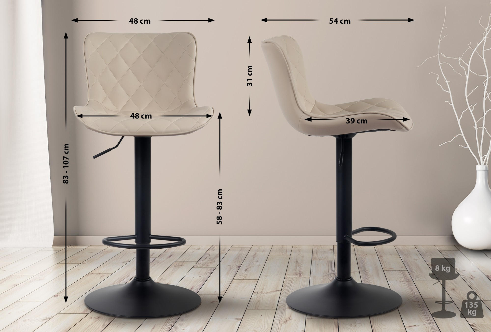 BARHOCKER 2er Set Lederlook creme - Creme/Schwarz, Textil/Metall (48/83/54cm) - CLP