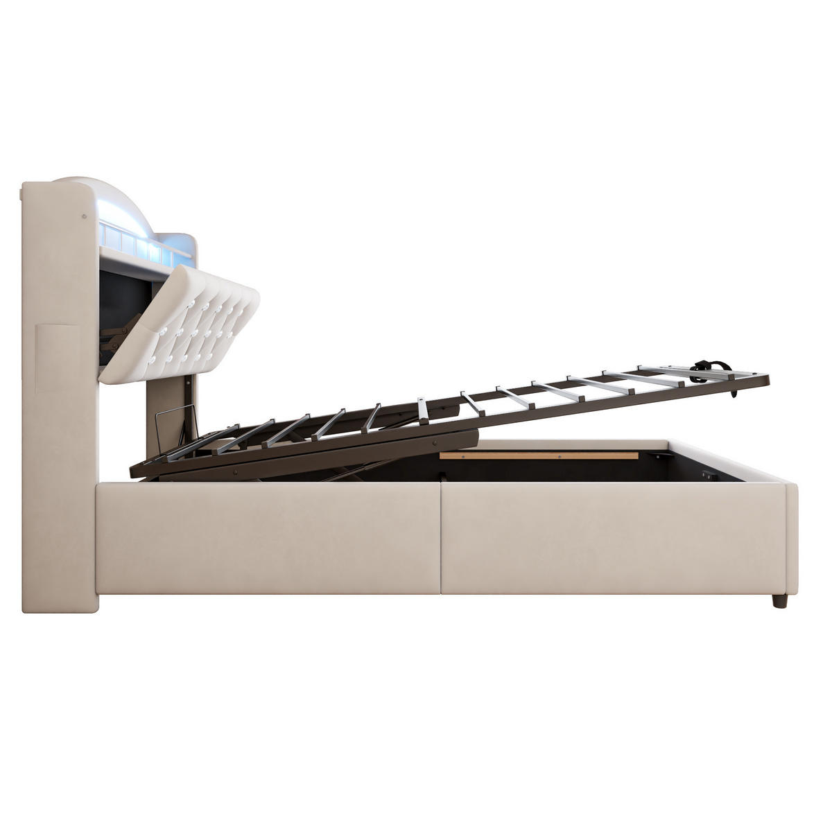 POLSTERBETT Kinder 90/200 cm Beige mit Stauraum, LED und USB-Anschlüssen - Beige, Textil (90/200cm) - OKWISH
