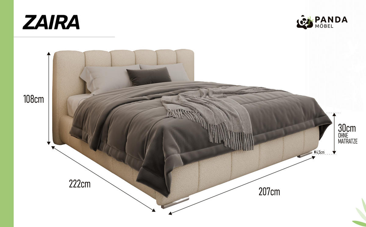 POLSTERBETT ZAIRA 180 x 200 cm mit Bettkasten und Lattenrost, 7-Zonen-Taschenfederkernmatratze CIRA (24 cm) – Beige - Beige, Holz (180/206cm) - Panda Möbel
