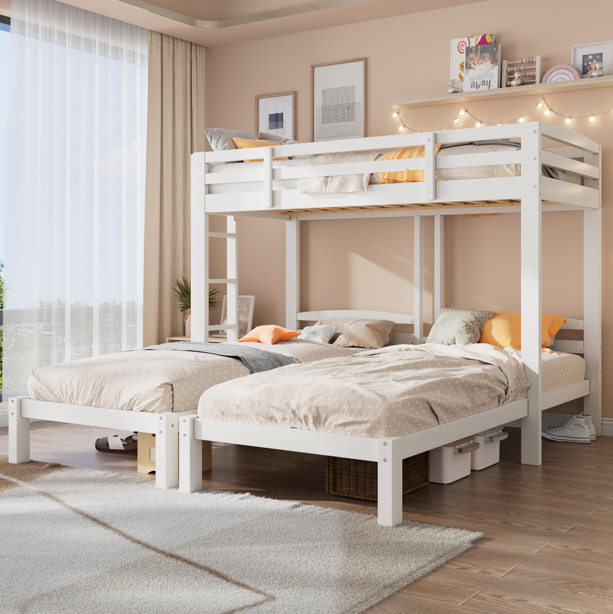 ETAGENBETT aus Kiefer 90x200 cm Weiß mit Seitenleiter, Dreierbett für Kinder und Jugendliche - Weiß, Holzwerkstoff (90/200cm) - Modfu