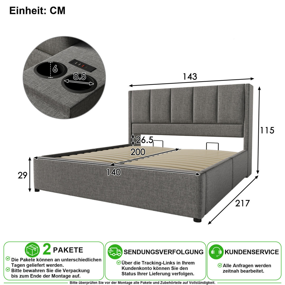 ČALOUNĚNÁ POSTEL 140/200 cm v šedé barvě s úložným prostorem, USB a Type-C - šedá, kov/kompozitní dřevo (140/200cm) - CHICFURN
