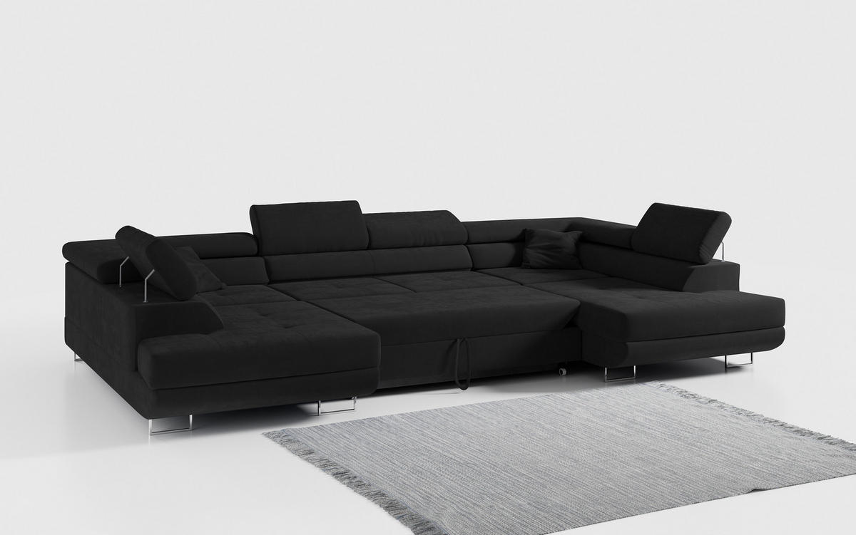 WOHNLANDSCHAFT GUSTAW U Schwarz Velvet - Silberfarben/Schwarz, Textil/Metall (340/55/205cm) - MKS