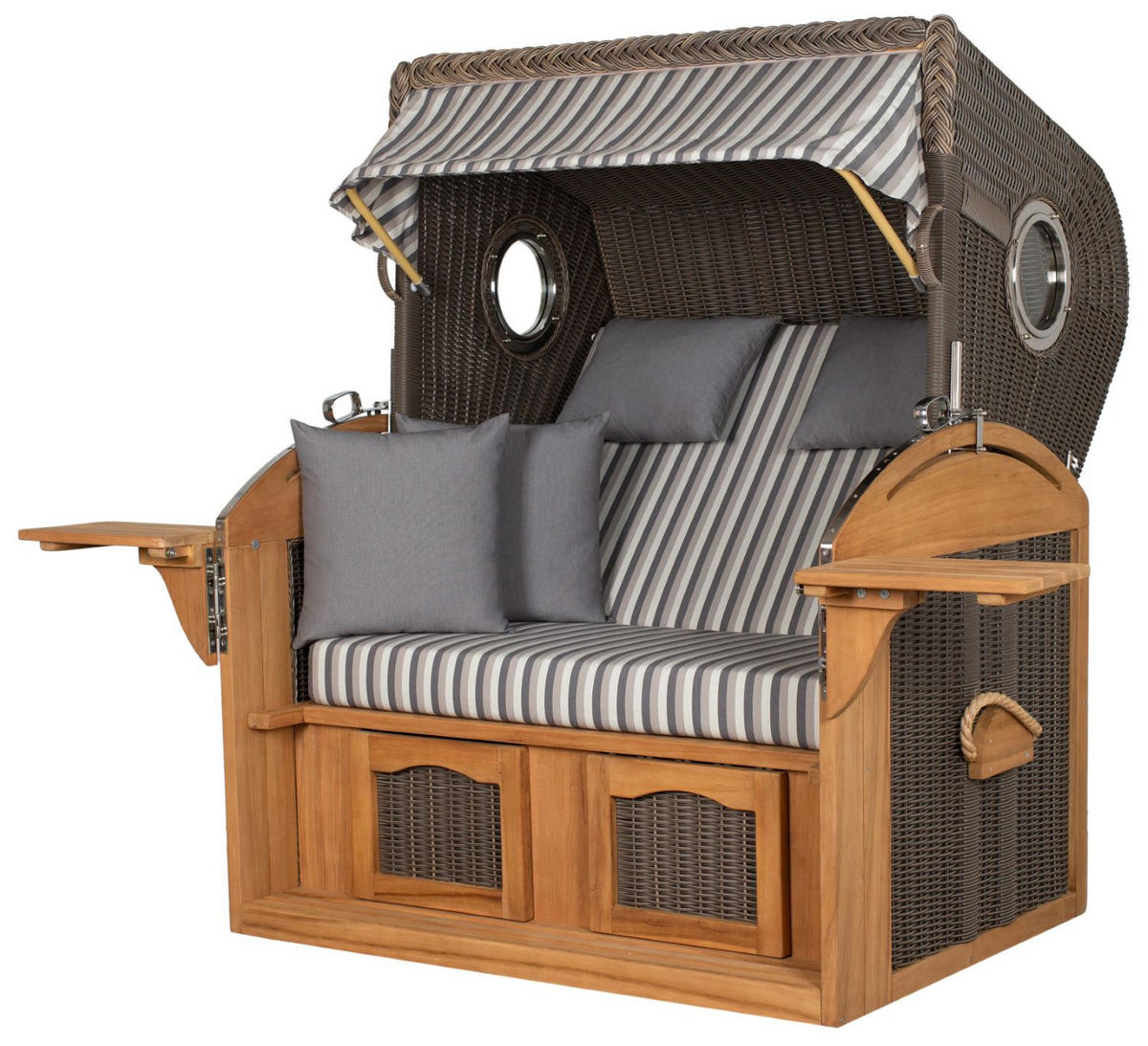 STRANDKORB Komplettset: Borkum XL Teak Bullauge - PE grau - Modell 545 - Grau, Holz/Kunststoff (142/170/95cm) - bene living