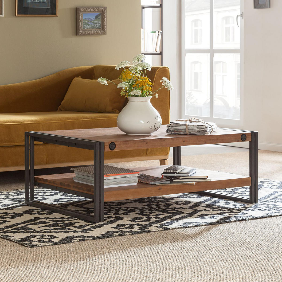 COUCHTISCH mit Ablage - 110 cm - Akazie massiv / Stahl - Akazie / Anthrazit - Akaziefarben/Grau, Holz/Metall (70/110/40cm) - home24
