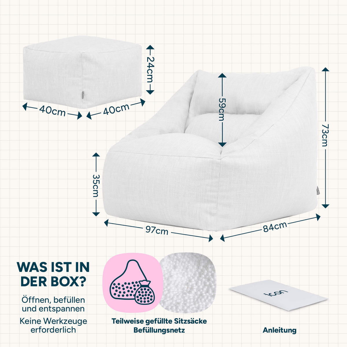 SITZSACK Sessel Outdoor mit Hocker Natalia - Beige, Textil (97/73/84cm) - icon