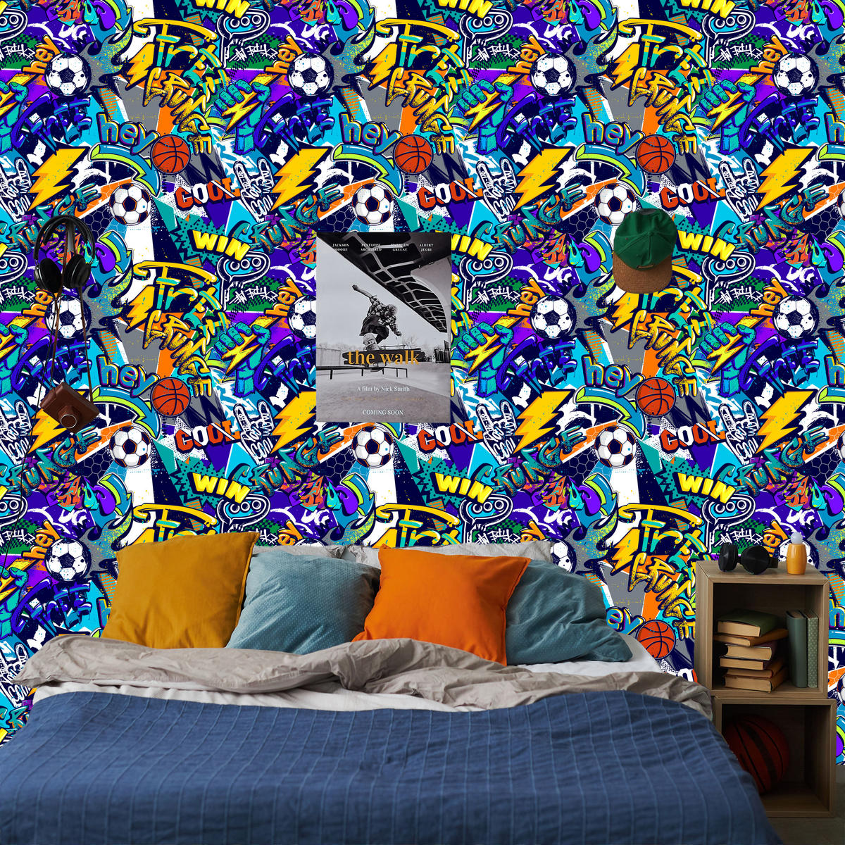 VLIESTAPETE Fußball-Graffiti – Blau, Gelb, Bunt – 50x1000 cm - Blau/Gelb, Papier (50/1000cm) - Muralo