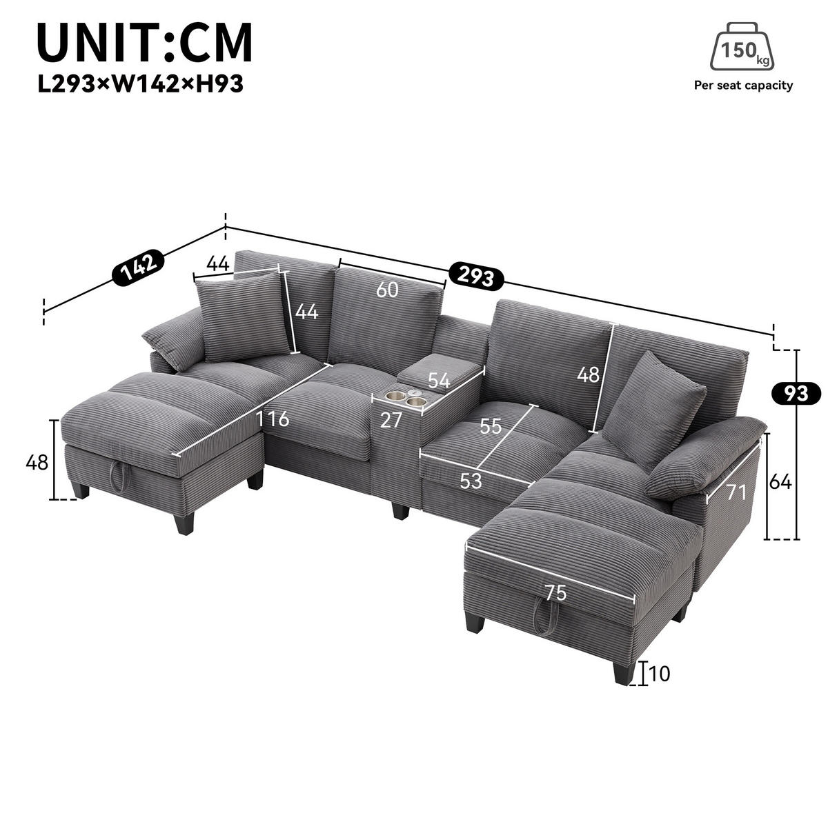 SOFA in U-Form mit Stauraum 293 x 142 cm Cord Grau mit 2 Kissen - Grau, Kunststoff (142/93/293cm) - Meubliv