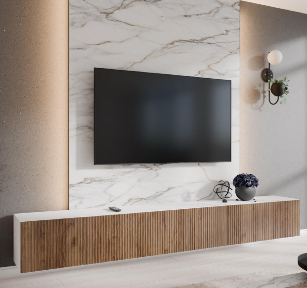 TV-SCHRANK Weiß Katania Eiche Geschlossen Gerillt 300 cm - Eichefarben/Weiß, Holzwerkstoff (300/41/40cm) - Sepro Meble